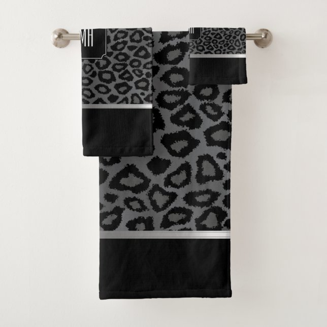 Grey and Black Wild Leopard Pattern with Monogram Bath Towel Set (Insitu)