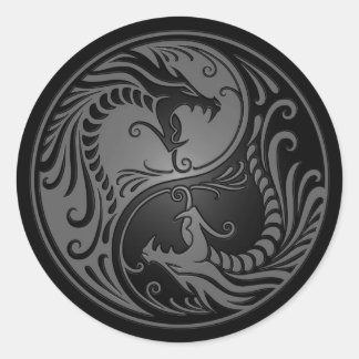 Grey and Black Yin Yang Dragons Classic Round Sticker