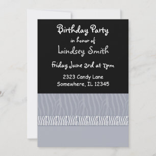 Grey and Black Zebra Print Birthday Invitation