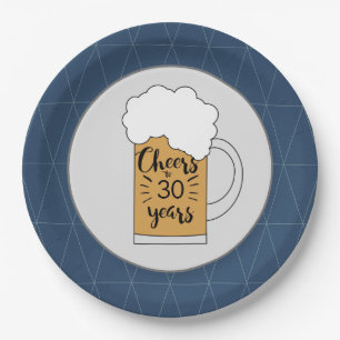 Grey and Blue Beer Mug Cheers to 30th Birthday Paper Plate