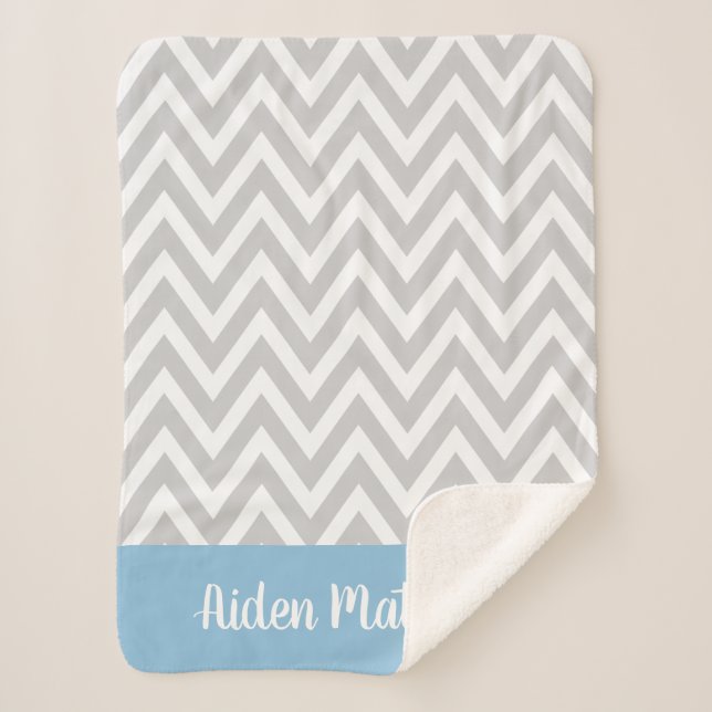 Grey and Blue Chevron Baby Name Monogrammed Sherpa Blanket (Front)