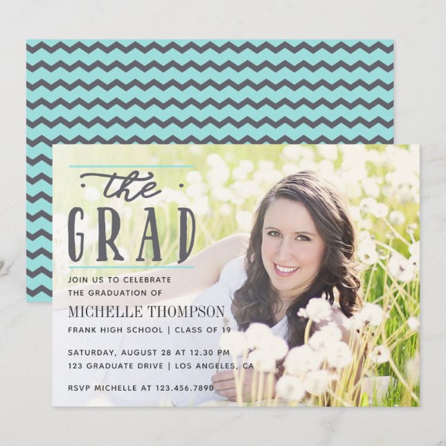 Grey and Blue Chevron Graduate Party photo Invitation (Front/Back)