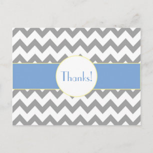 Grey and Blue Chevron Striped Monogram Thank You Postcard