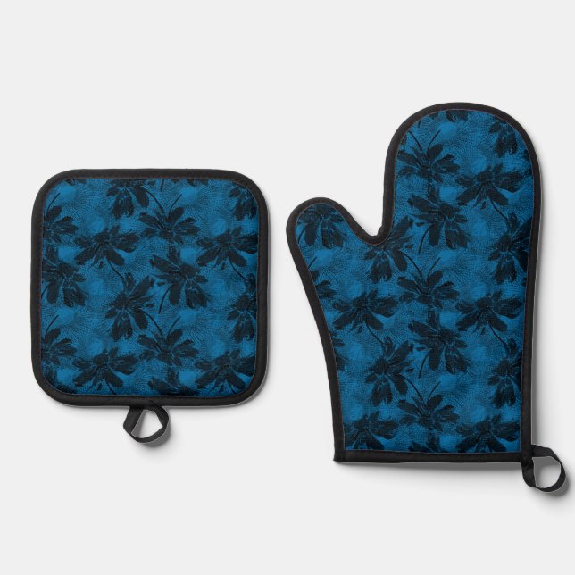 Grey and blue floral pattern. oven mitt & pot holder set (Front)