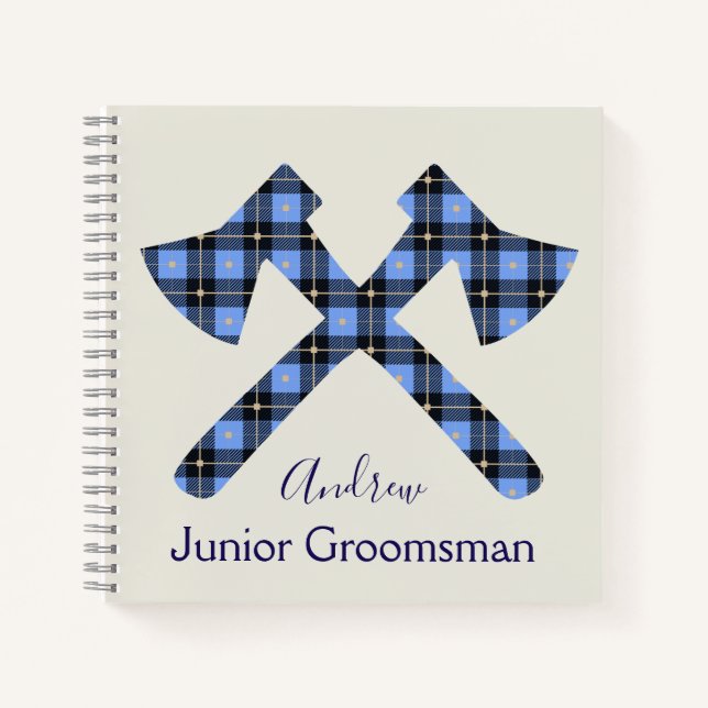 Grey and Blue Junior Groomsman plaid axe Notebook (Front)