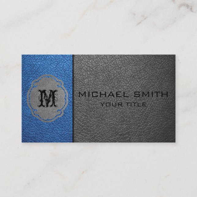 Grey and Blue Leather Business Card (Front)