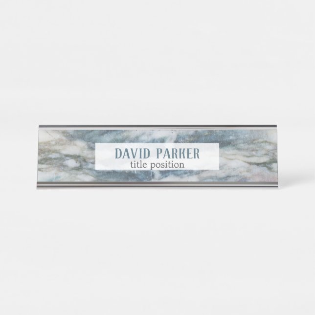 Grey And Blue Marble Stone Pattern Desk Name Plate (Front)