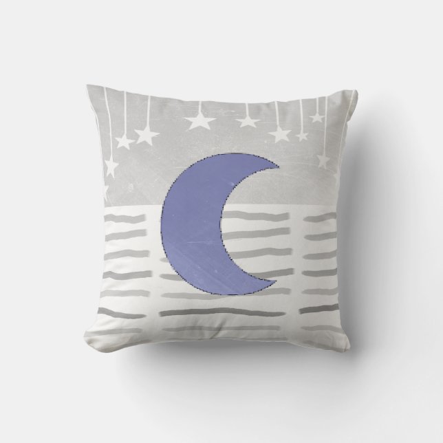 Grey and Blue Moon and Stars Pillow (Front)