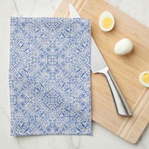 Grey and blue openwork lace pattern vintage tea towel