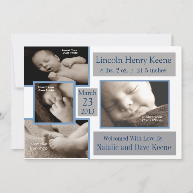 Grey and Blue Photo Birth Announcement 5x7 Card (Front)