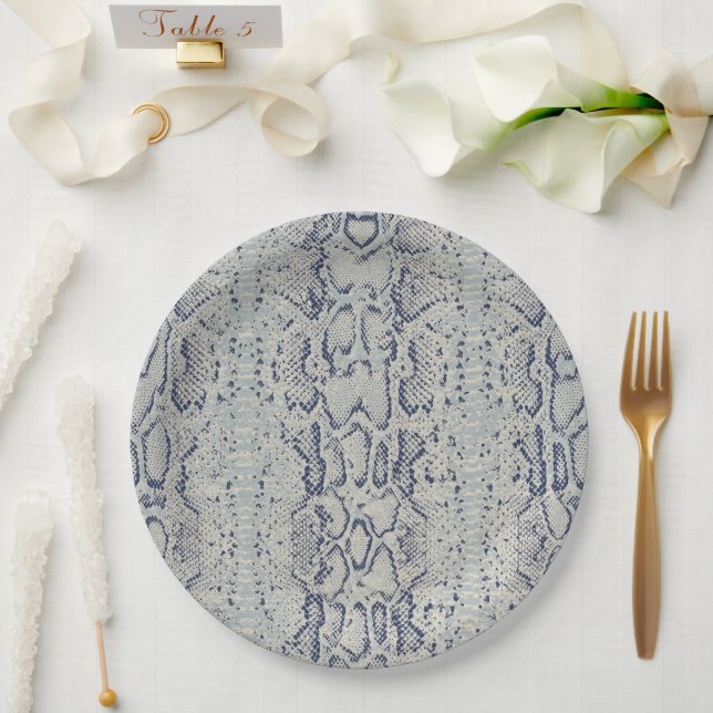 Grey and Blue Snake Skin Animal Print Paper Plate (Wedding)