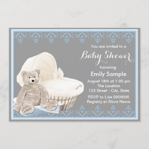 Grey and Blue Teddy Bear Baby Shower Invitation