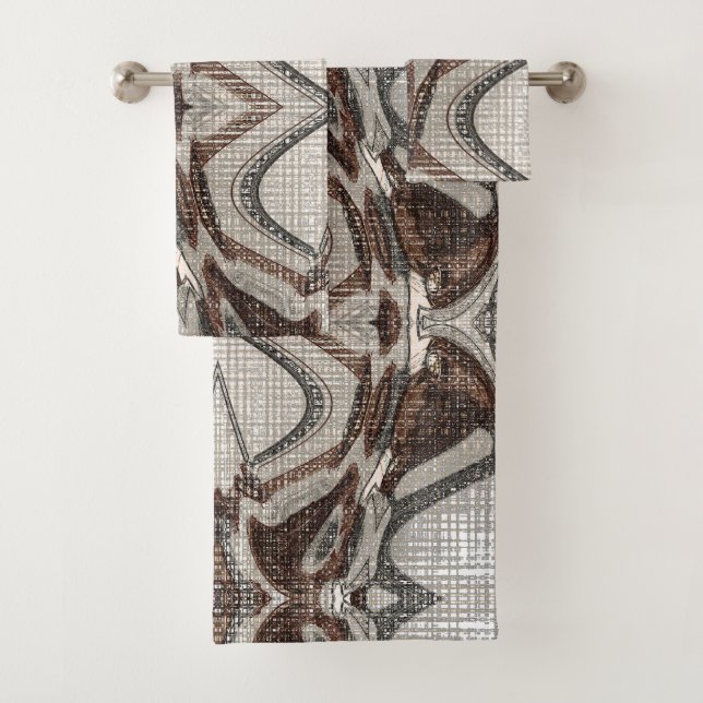 Grey and Brown Abstract Art Bath Towel Set (Insitu)