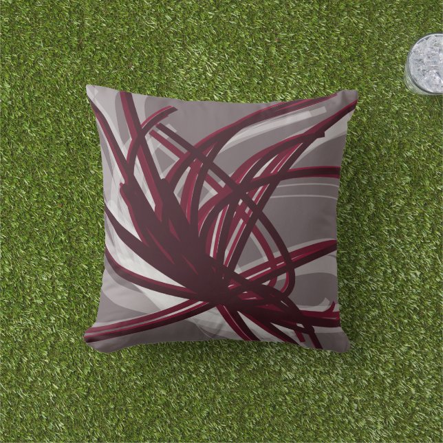 Grey and Burgundy Artistic Abstract Ribbons Cushion (Grass)