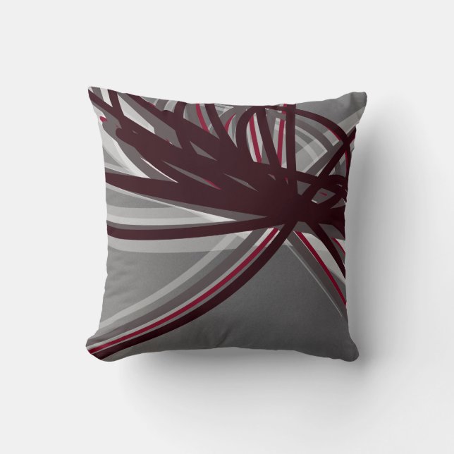 Grey and Burgundy Artistic Abstract Ribbons Cushion (Front)