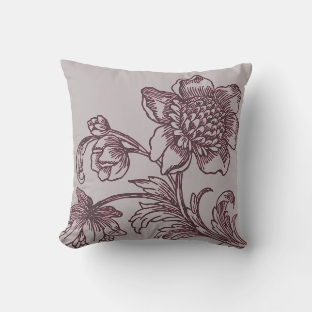 Grey and Burgundy Botanical | Flowers in Bloom Cushion (Front)