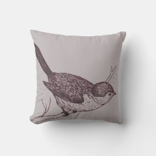 Grey and Burgundy Bushtit Bird Cushion