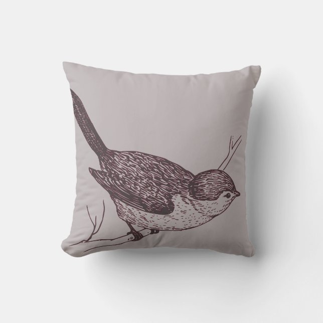 Grey and Burgundy Bushtit Bird Cushion (Front)