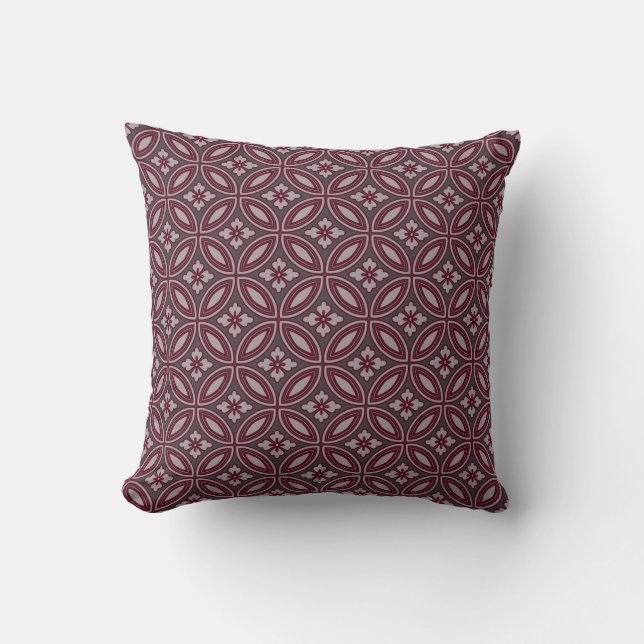 Grey and Burgundy Elegant Floral Tile Pattern Cushion (Front)