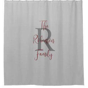 Grey and Burgundy Family Name Monogrammed  Shower Curtain