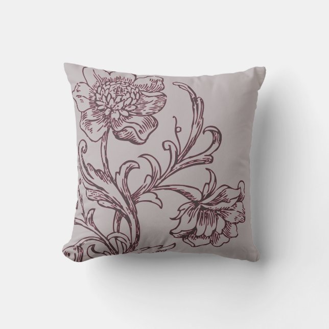 Grey and Burgundy Wine Modern Elegant Floral Cushion (Front)