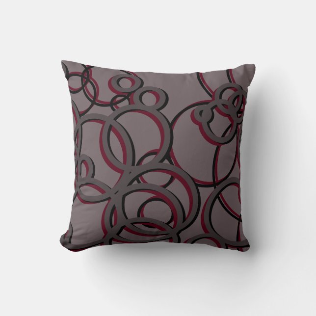 Grey and Burgundy Wine Modern Geometric Circles Cushion (Front)