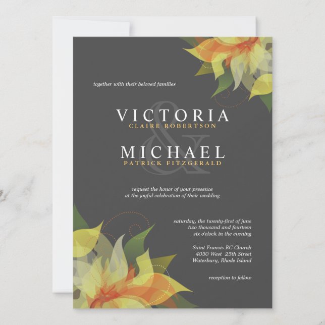 Grey and Citrus Yellow Floral Wedding Invitations (Front)