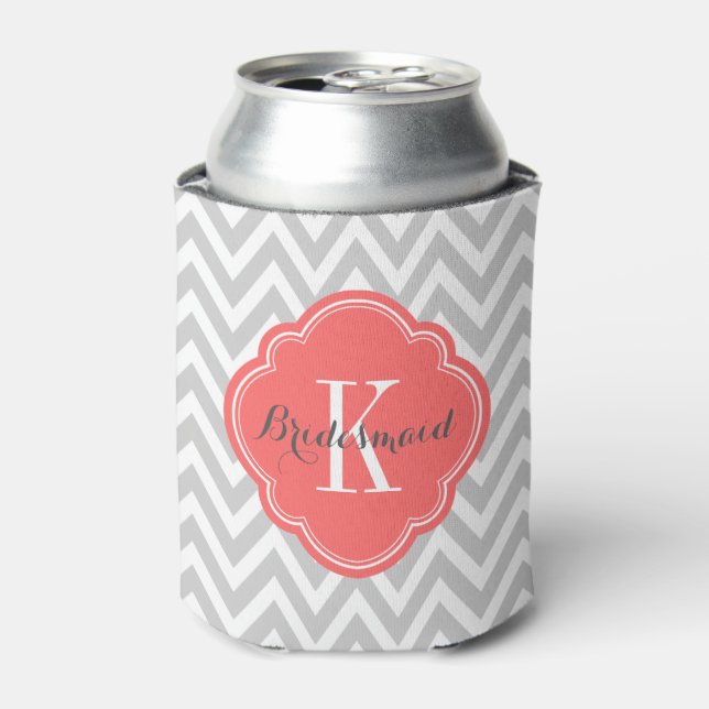 Grey and Coral Chevron Monogram Can Cooler (Can Front)