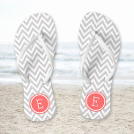 Grey and Coral Chevron Monogram Flip Flops<br><div class="desc">Custom printed flip flop sandals with a stylish modern chevron pattern and your custom monogram or other text in a circle frame. Click Customise It to change text fonts and colours or add your own images to create a unique one of a kind design!</div>