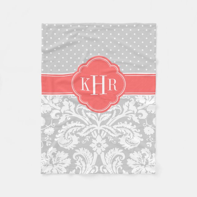 Grey and Coral Damask Polka Dots Monogram Fleece Blanket (Front)