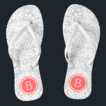 Grey and Coral Floral Damask Monogram Flip Flops<br><div class="desc">Custom printed flip flop sandals with a stylish elegant floral damask pattern and your custom monogram or other text in a circle frame. Click Customise It to change text fonts and colours or add your own images to create a unique one of a kind design!</div>