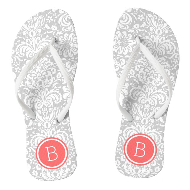 Grey and Coral Floral Damask Monogram Flip Flops (Footbed)