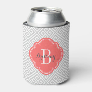 Grey and Coral Greek Key Monogram Can Cooler
