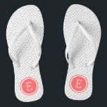 Grey and Coral Greek Key Monogram Flip Flops<br><div class="desc">Custom printed flip flop sandals with a stylish modern Greek key pattern and your custom monogram or other text in a circle frame. Click Customise It to change text fonts and colours or add your own images to create a unique one of a kind design!</div>