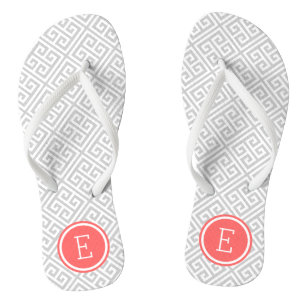 Grey and Coral Greek Key Monogram Flip Flops