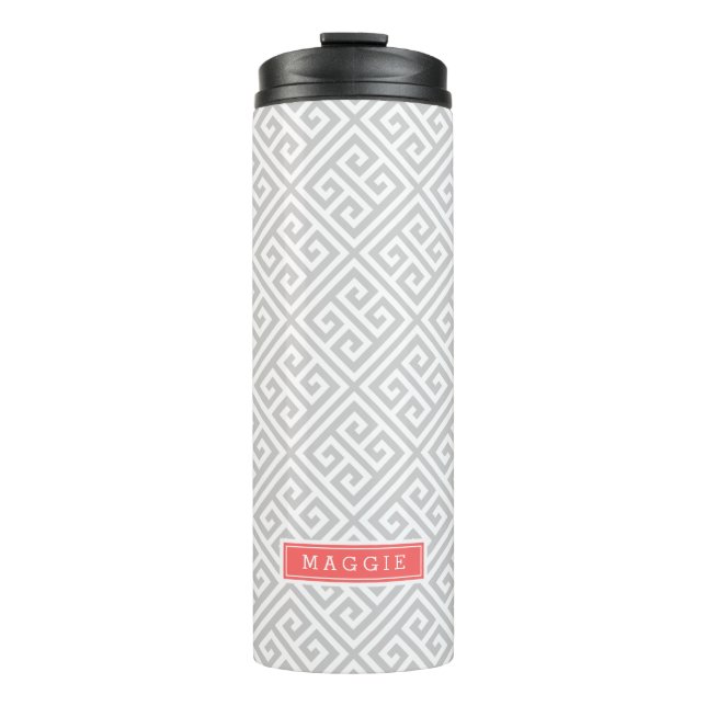 Grey and Coral Greek Key Monogram Thermal Tumbler (Front)