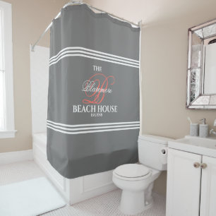 Grey and Coral Initial White Stripes Family Bath Shower Curtain