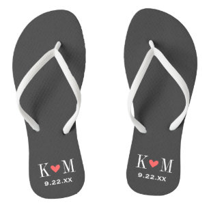 Grey and Coral Modern Wedding Monogram Flip Flops