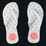 Grey and Coral Moroccan Quatrefoil Monogram Flip Flops<br><div class="desc">Custom printed flip flop sandals with a stylish Moroccan quatrefoil pattern and your custom monogram or other text in a circle frame. Click Customise It to change text fonts and colours or add your own images to create a unique one of a kind design!</div>