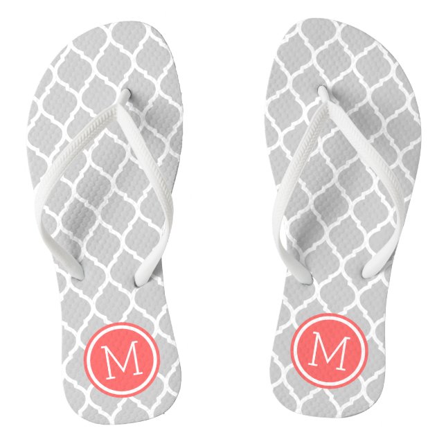 Grey and Coral Moroccan Quatrefoil Monogram Flip Flops (Footbed)