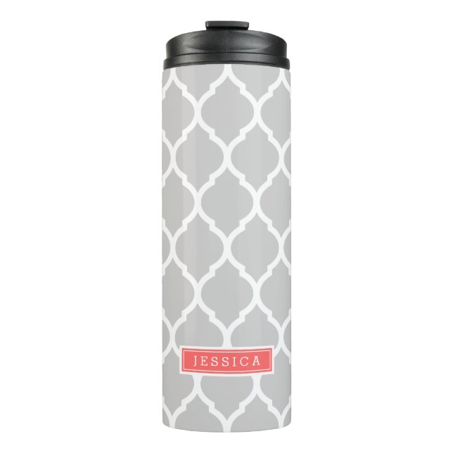 Grey and Coral Moroccan Quatrefoil Monogram Thermal Tumbler (Front)