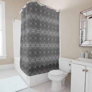 Grey and coral patterned shower curtain