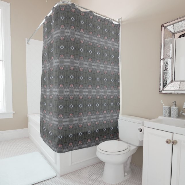 Grey and coral patterned shower curtain (In Situ)