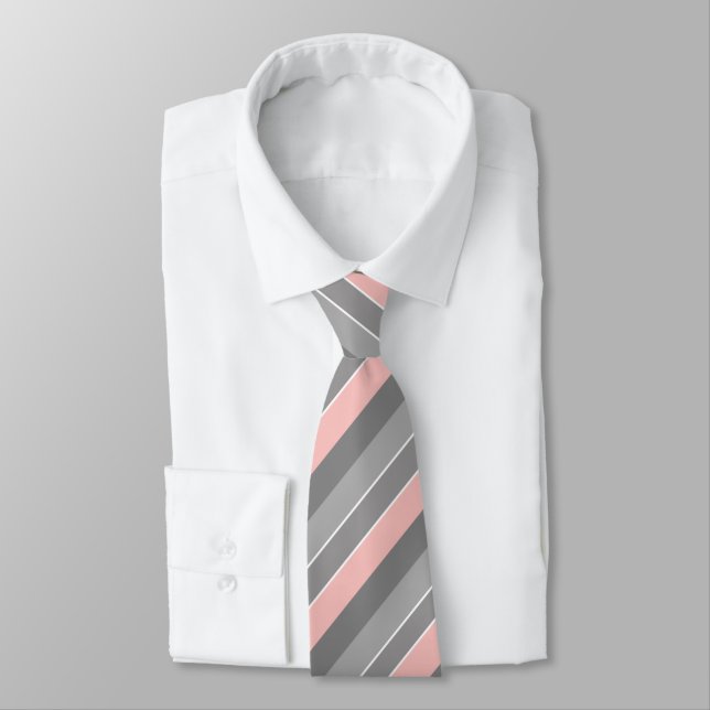 Grey and Coral Pink Striped Neck Tie (Tied)