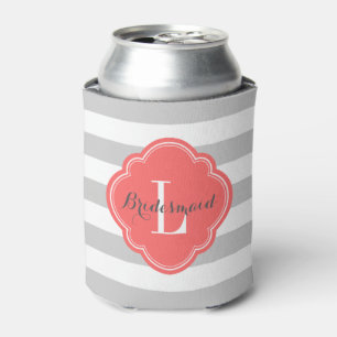 Grey and Coral Preppy Stripes Monogram Can Cooler