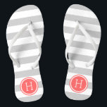 Grey and Coral Preppy Stripes Monogram Flip Flops<br><div class="desc">Custom printed flip flop sandals with a preppy nautical stripe pattern and your custom monogram or other text in a circle frame. Click Customise It to change text fonts and colours or add your own images to create a unique one of a kind design!</div>