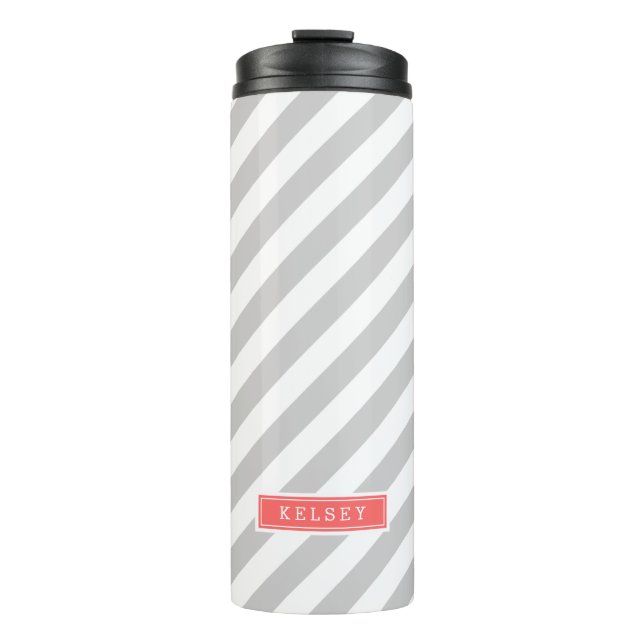 Grey and Coral Preppy Stripes Monogram Thermal Tumbler (Front)