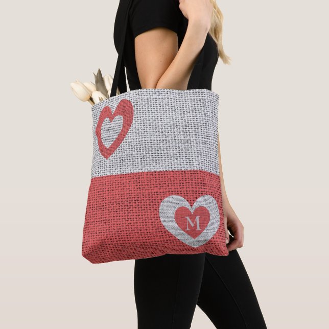 Grey And Coral Red Hearts Tote Bag (Close Up)