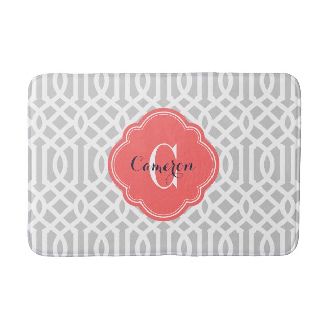 Grey and Coral Trellis Monogram Bath Mat (Front)