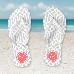 Grey and Coral Trellis Monogram Flip Flops<br><div class="desc">Custom printed flip flop sandals with a stylish modern trellis pattern and your custom monogram or other text in a circle frame. Click Customise It to change text fonts and colours or add your own images to create a unique one of a kind design!</div>